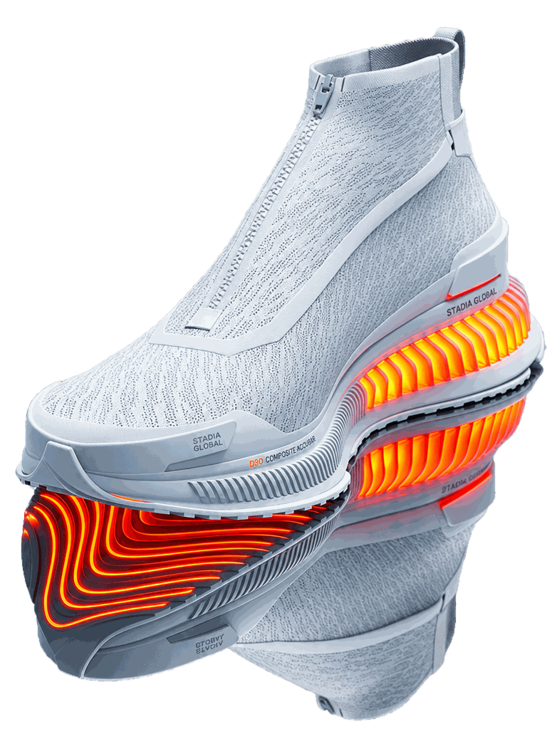 STADIA Space Boot: white knit high-top with a front zip and a glowing orange sole, with its reflection below