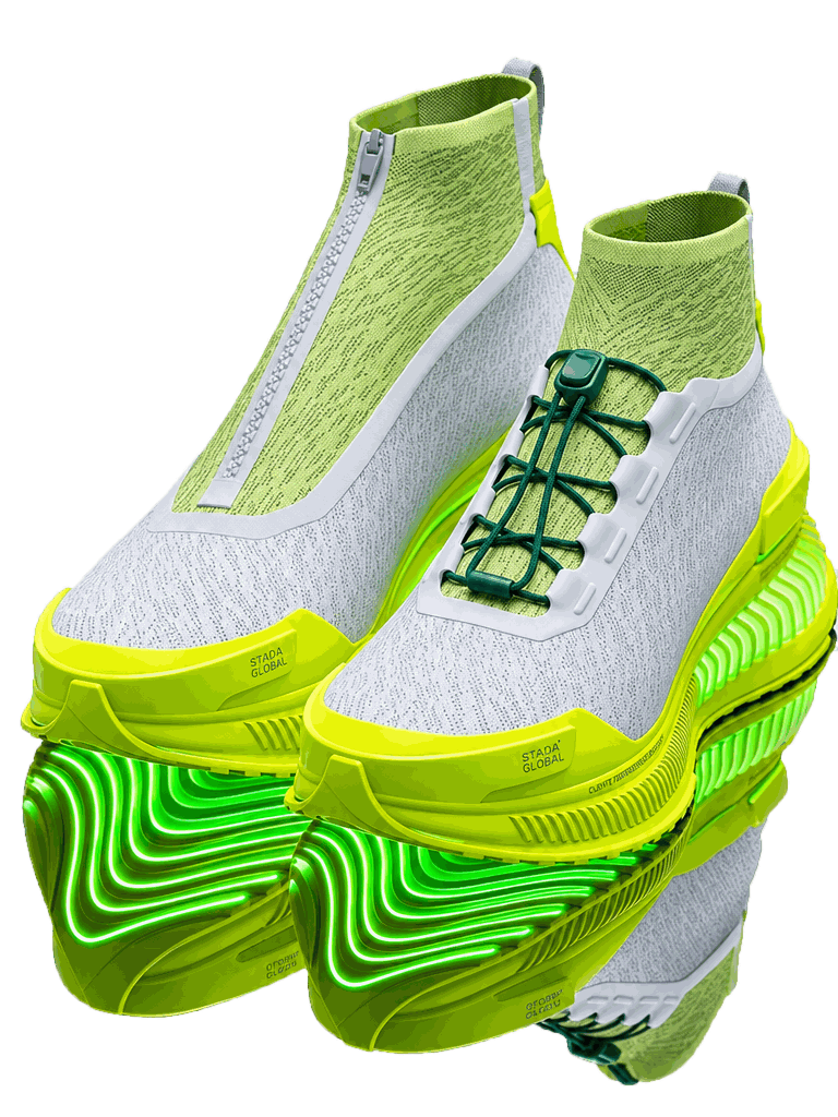 STADIA Space Boot in Lime Green/Yellow, zip-close and speed-lace versions: lime knit with a yellow sole that glows green
