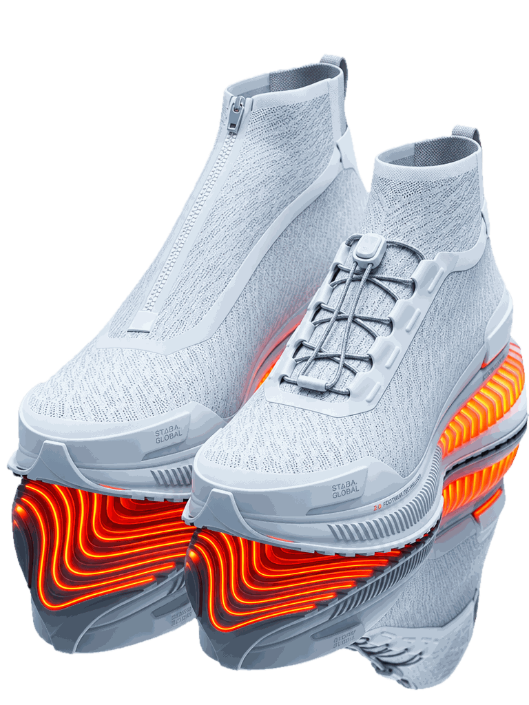 STADIA Space Boot in Neon Orange, zip-close and speed-lace versions: white knit with a glowing orange sole